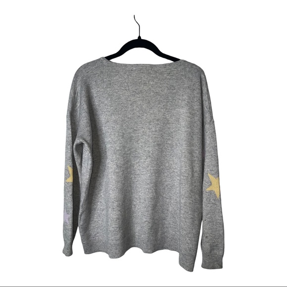 WOOL OVERS Gray Purple Yellow Star Print Merino Wool Cashmere V Neck Sweater M - Picture 2 of 5